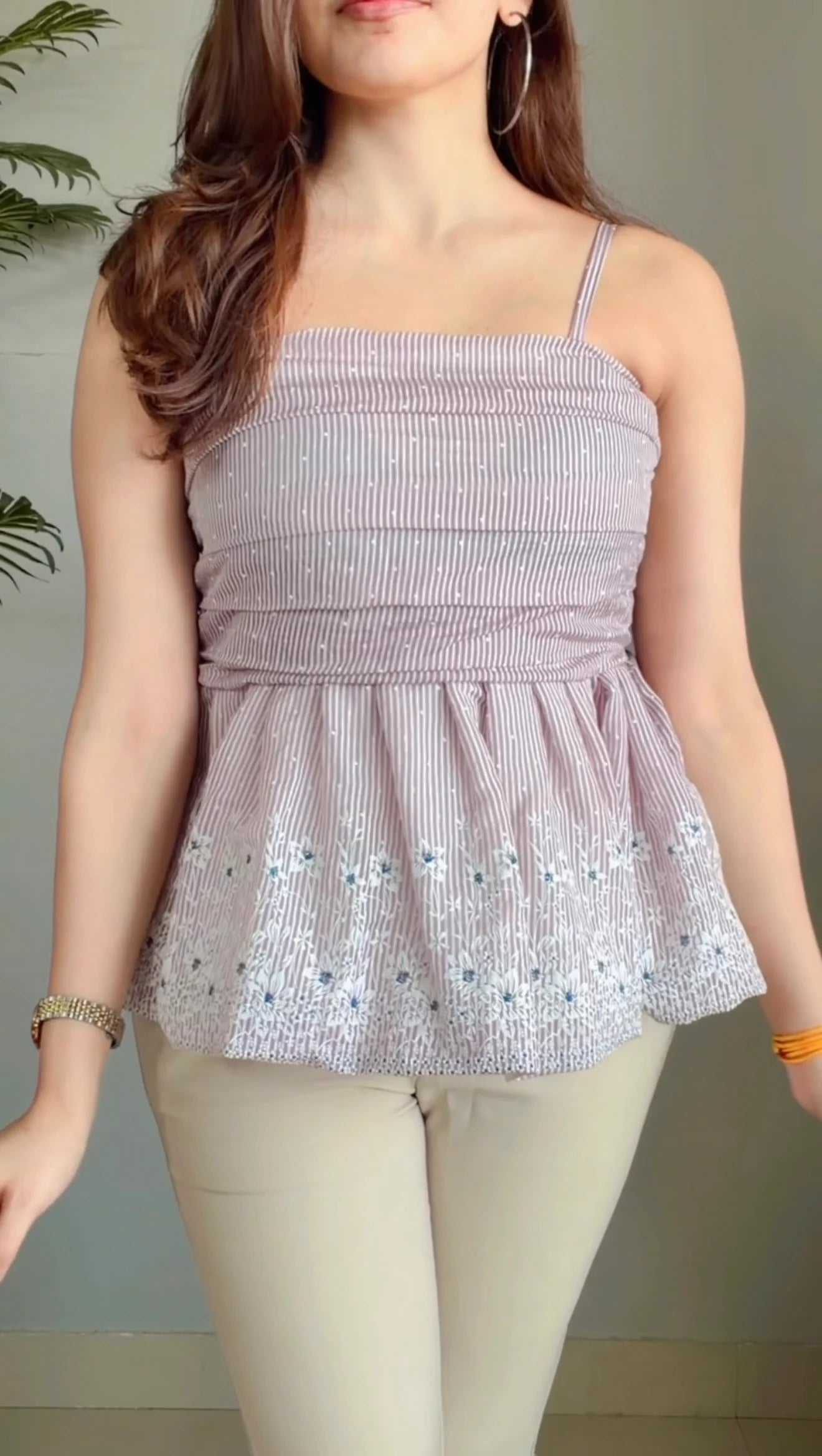 Classy Striped Floral Embroidery Square Neck Top