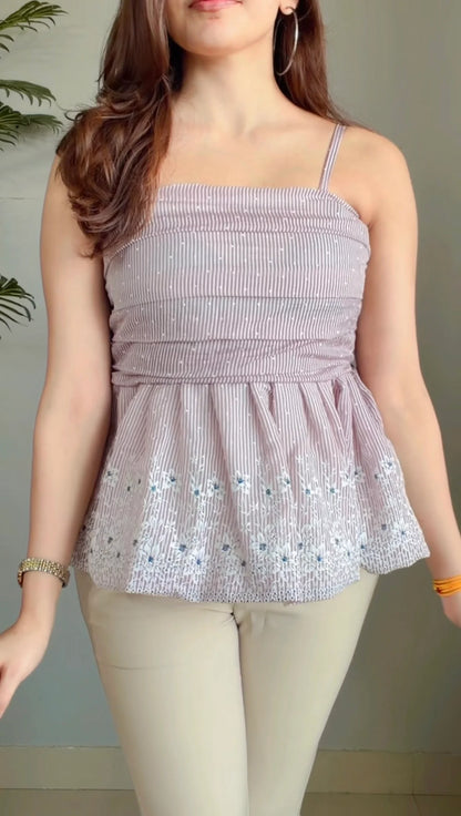 Classy Striped Floral Embroidery Square Neck Top