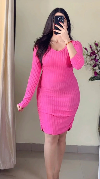 (Size- M to L) Pretty Ribbed Bodycon Dress- DO17