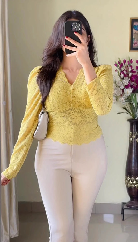Yellow Pretty Bloom Lace Top-C405