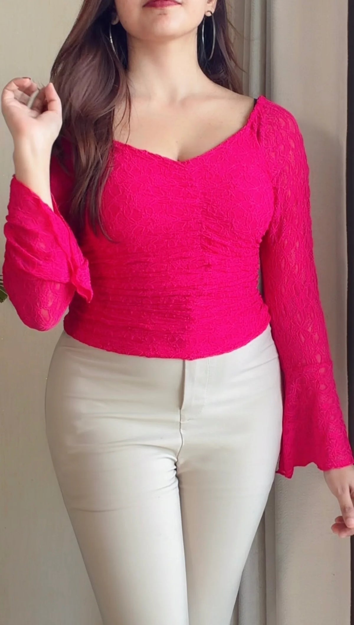Ruched Lace Bell Sleeve Top