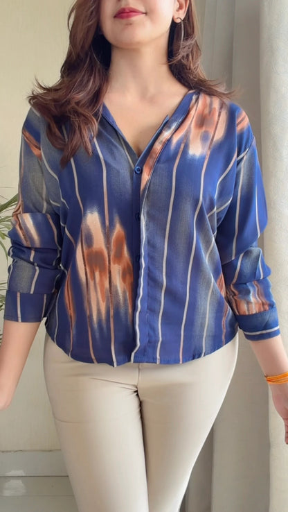 Blue Tie-Dye Stripe V-Neck Shirt