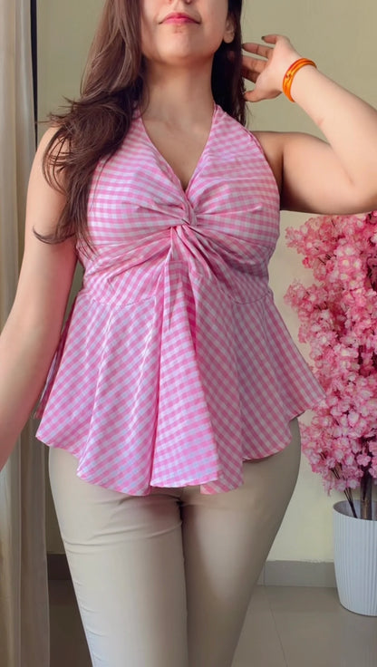 Pink and White Striped Halter Neck Peplum Top
