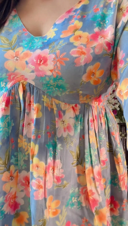 Blue Floral Flared Short Kurti