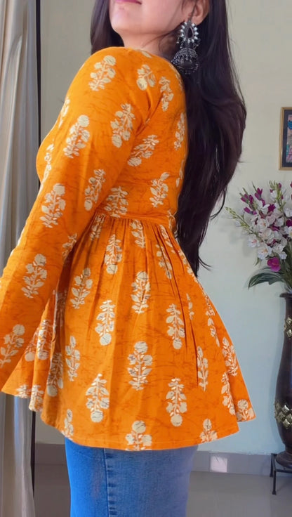 Mustard Yellow Floral Flared Short Kurti