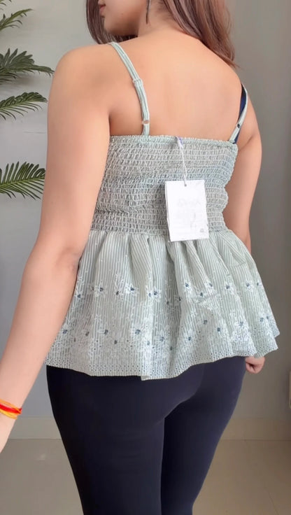 Classy Striped Floral Embroidery Square Neck Top