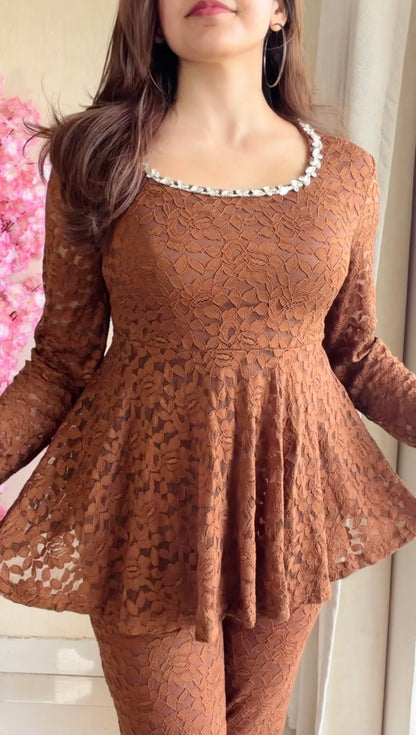 Mocha Brown Lace Peplum Co-ord Set