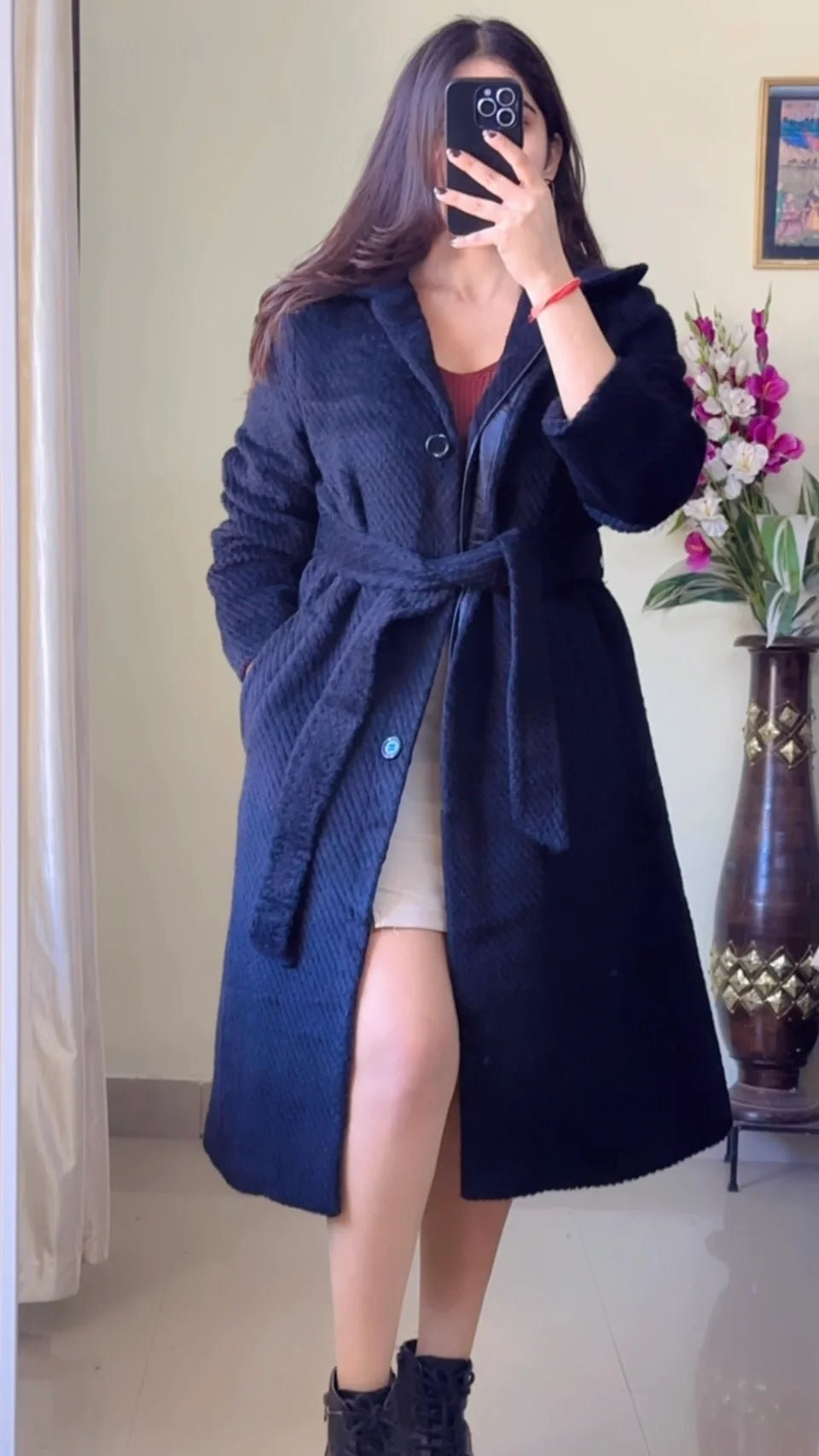 (Size-S to M) Black Winter Coat (With Belt)- Wo171