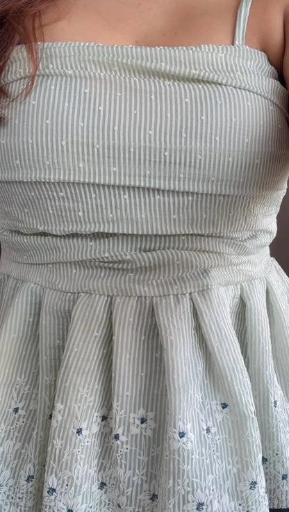 Classy Striped Floral Embroidery Square Neck Top