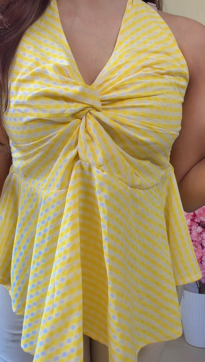 Yellow and White Striped Halter Neck Peplum Top