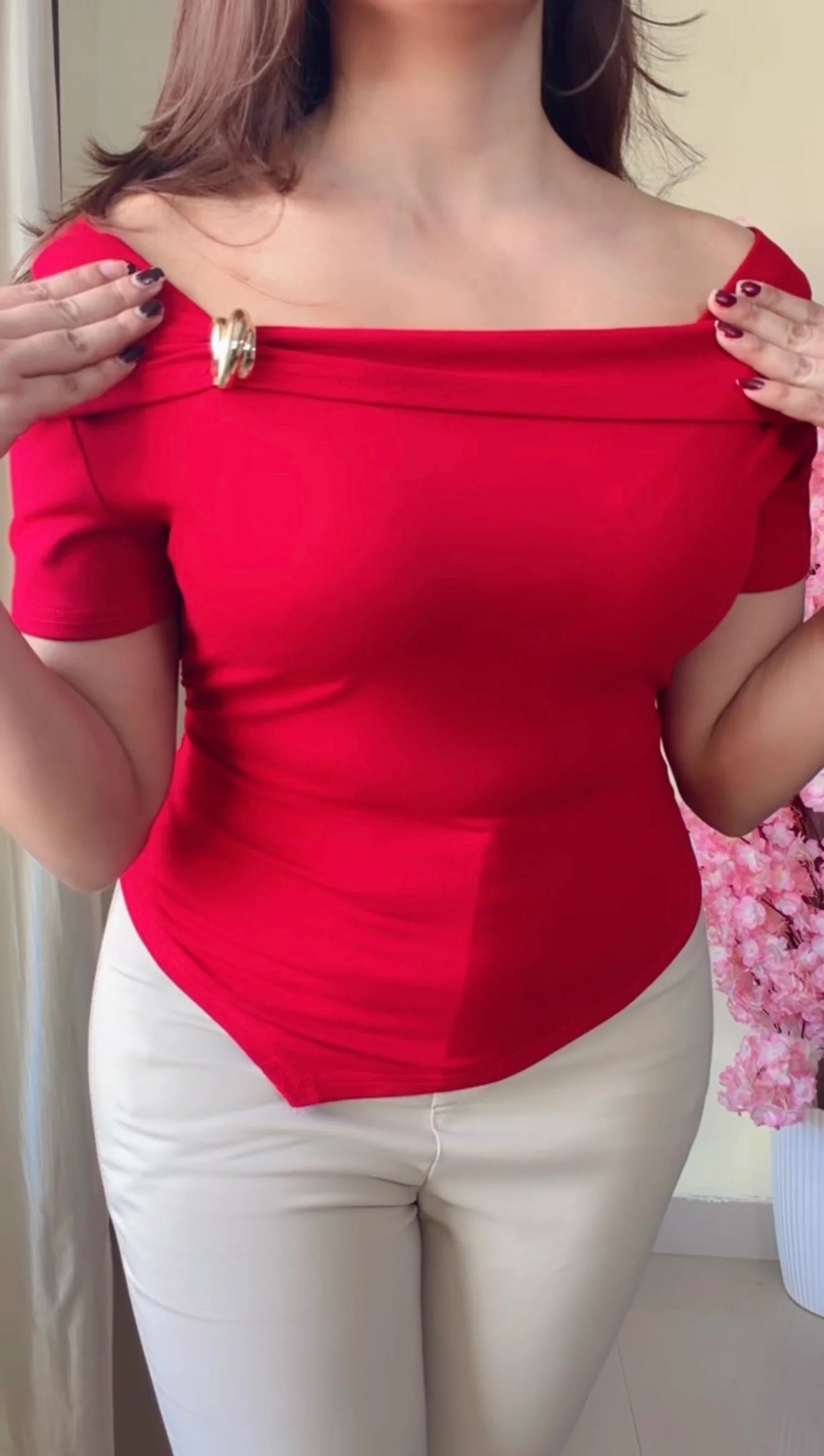 Scarlet Off-Shoulder Asymmetrical Top
