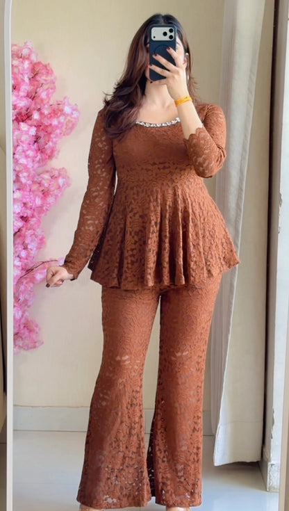 Mocha Brown Lace Peplum Co-ord Set