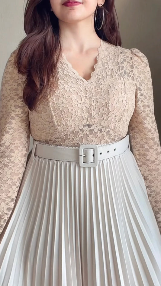Beige Lace Pleated Co-ord Set with Belt (Top+ Skirt)