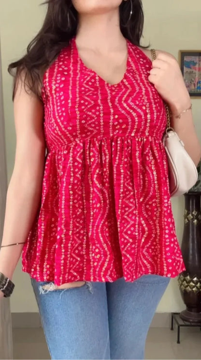 Pink Cotton Halter Neck Short Kurti KT-110