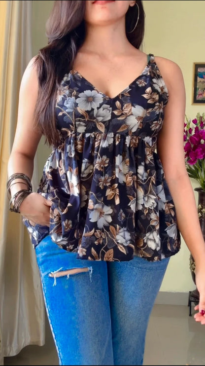 Black Women Floral Printed Halter Neck Short Kurti KT-124