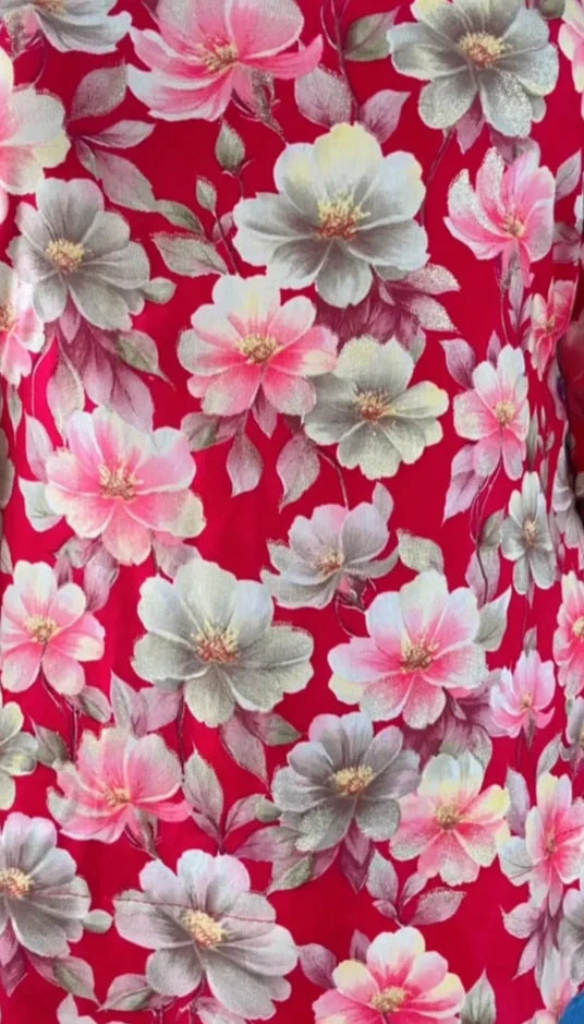 Women Floral Printed V-Neck Pure Muslin Kurti (Cherry Red) KT-117