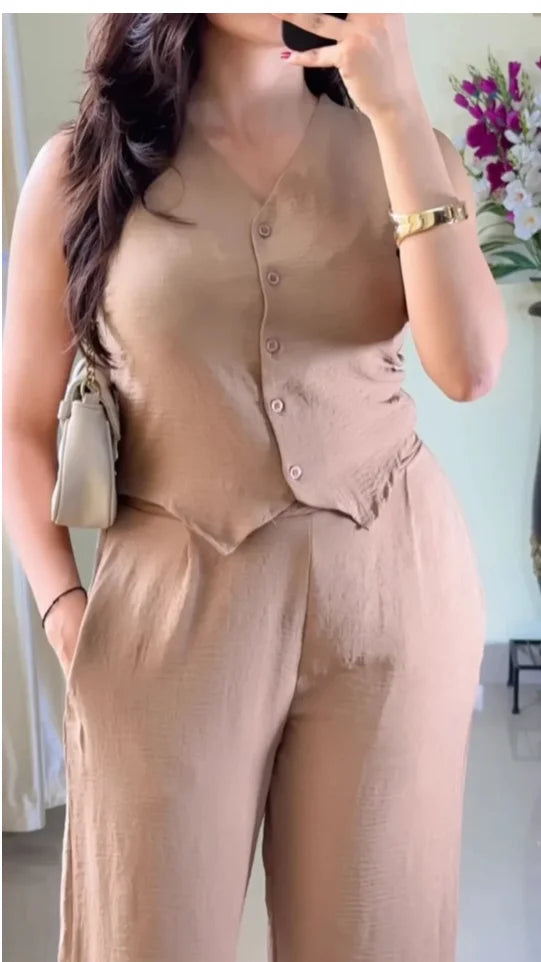 V-Neck Sleeveless Pure Cotton Waistcoat With Trouser-K183