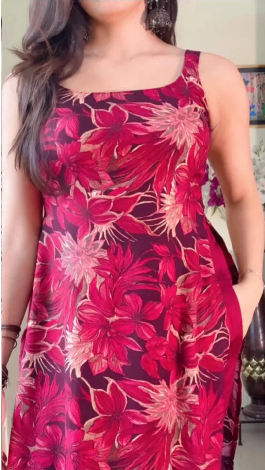 Kurti Set ( Pretty Floral Red Kurti Set)-2piece KT-109