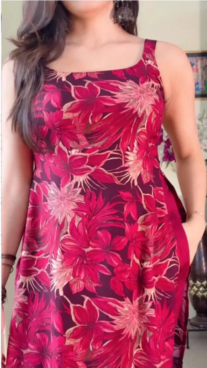 Kurti Set ( Pretty Floral Red Kurti Set)-2piece KT-109