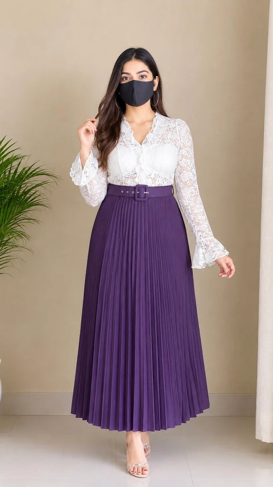 Mocha Lace Pleated Co-ord Set with Belt (Top+ Skirt)