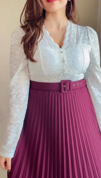 Wine Pleated Midi Skirt