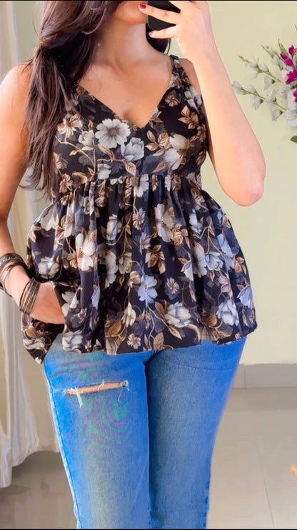 Black Women Floral Printed Halter Neck Short Kurti KT-124