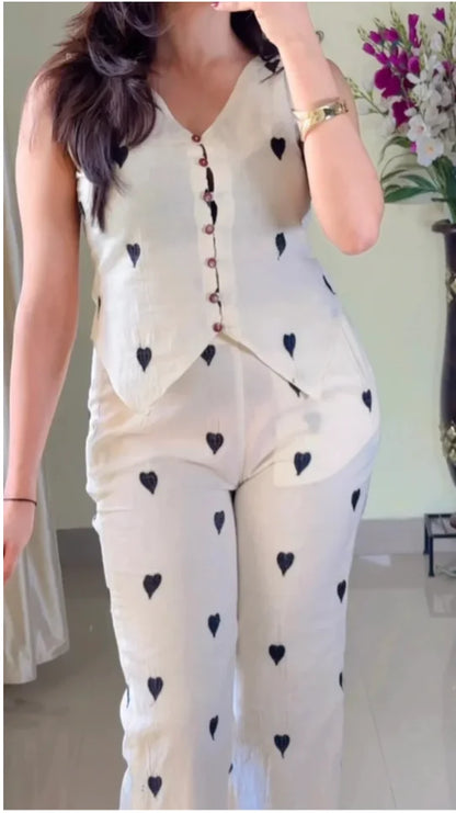 V-Neck Sleeveless Pure Cotton Waistcoat With Trouser-K180