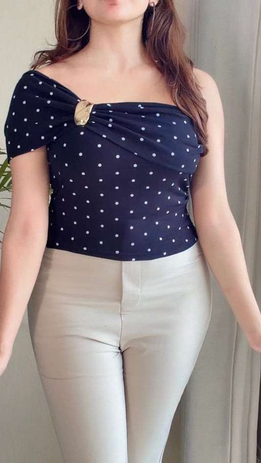 Black Polka Dot Draped Shoulder Padded Top