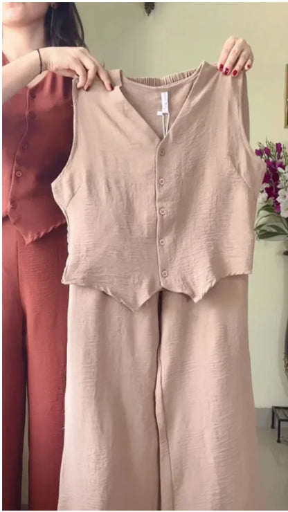 V-Neck Sleeveless Pure Cotton Waistcoat With Trouser-K183