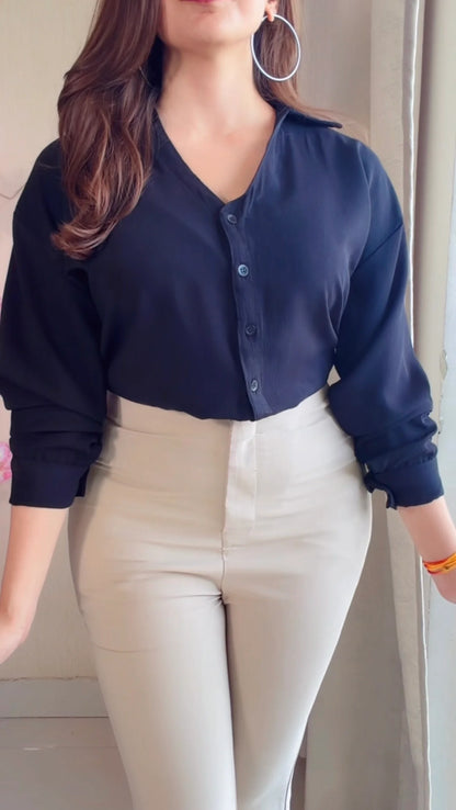 Blavk Solid V-Neck Casual Shirt