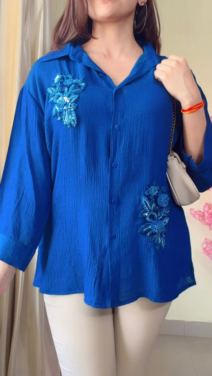 Blue leaf Embroidered Premium Shirt