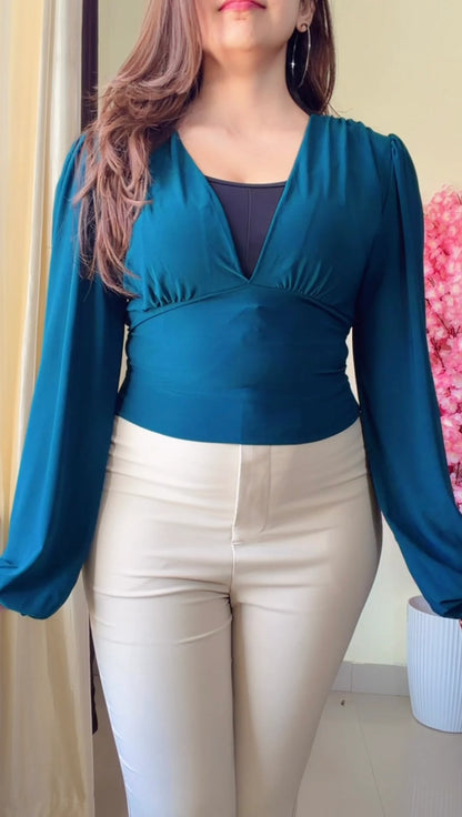 Teal Deep-V Puff Sleeve Bodysuit T807