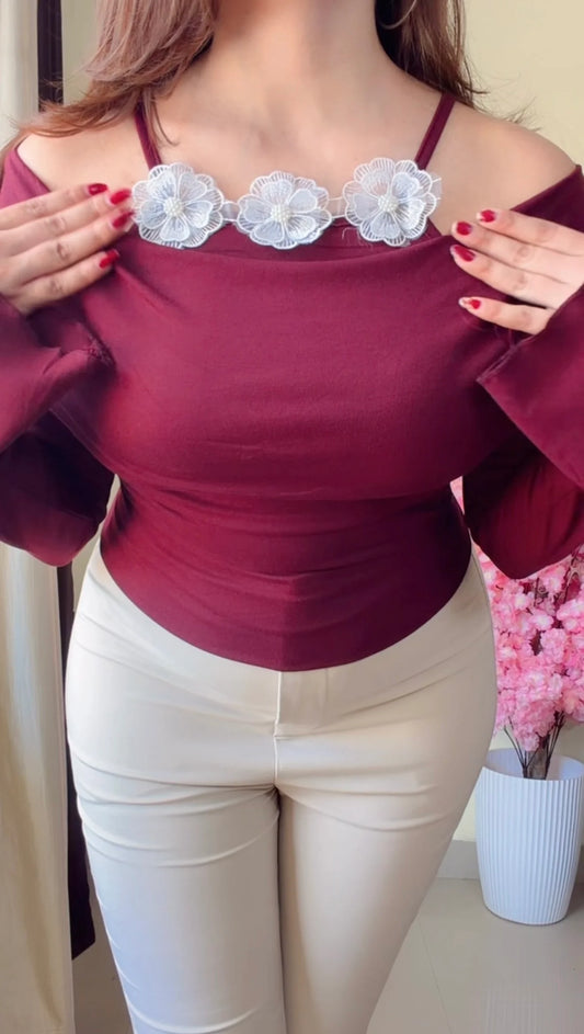 Premium Bardot Top with Floral Appliqué