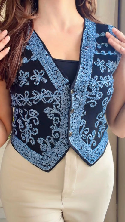 Vintage Bloom Embroidered Denim Vest (Blue)