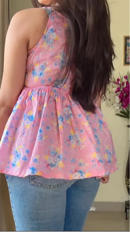 Pink Floral Shoulder Strapped Top KT-103