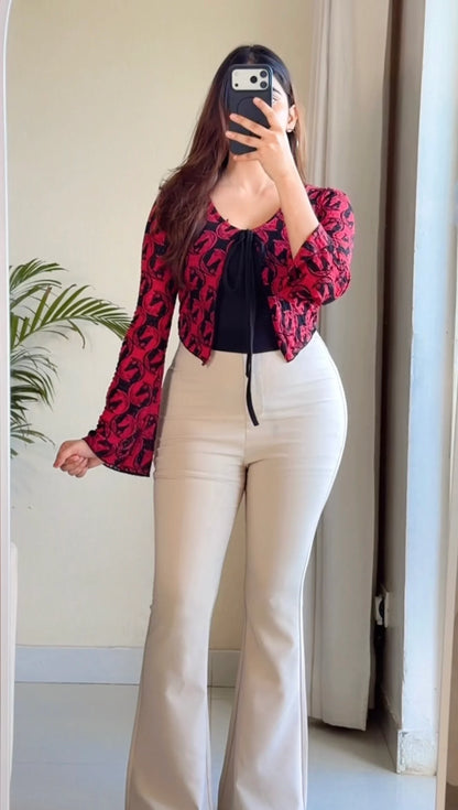 Printed Tie-Front Top with Inner