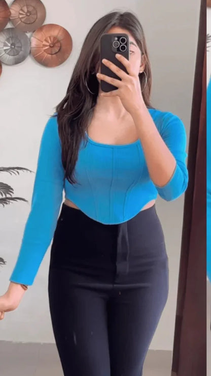 Blue Crop Ribbed Top-R125