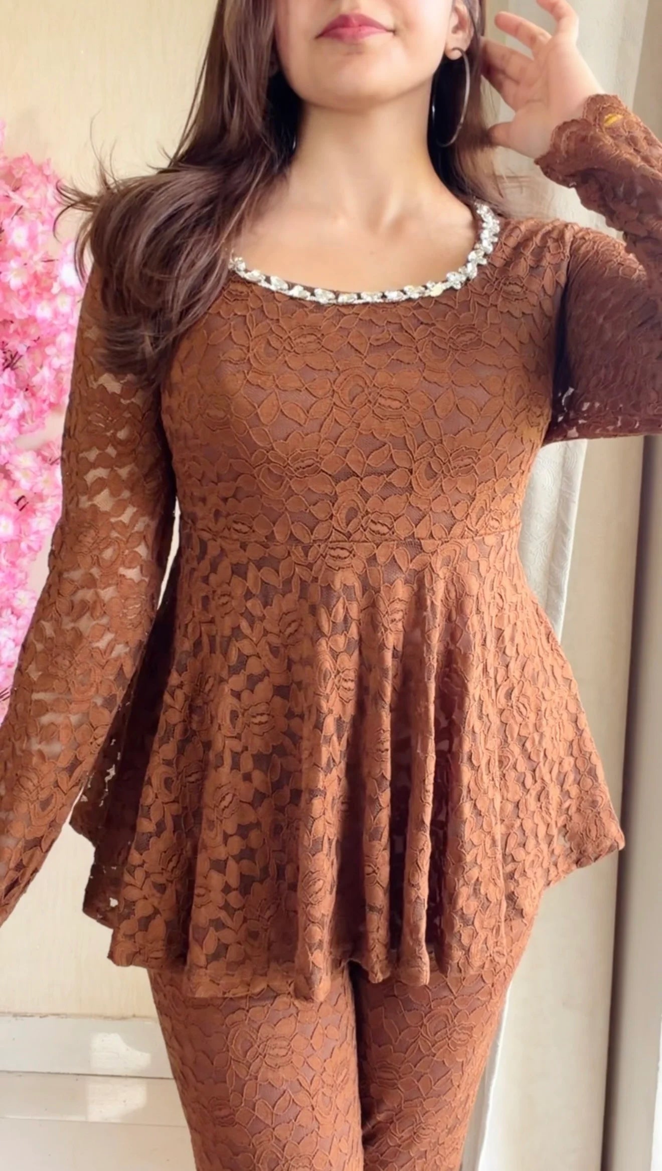 Mocha Brown Lace Peplum Co-ord Set
