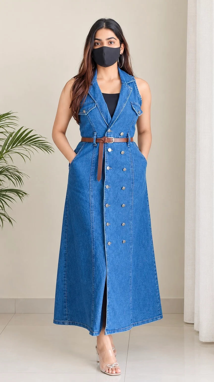 Premium Blue Denim Midi Dress With Belt