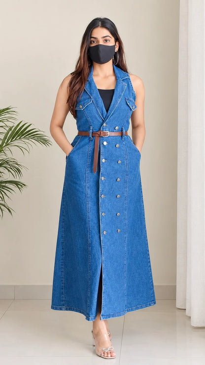 Premium Blue Denim Midi Dress With Belt