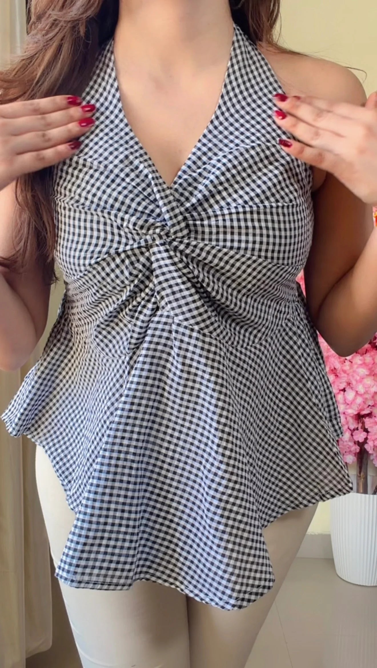 Black and White Striped Halter Neck Peplum Top