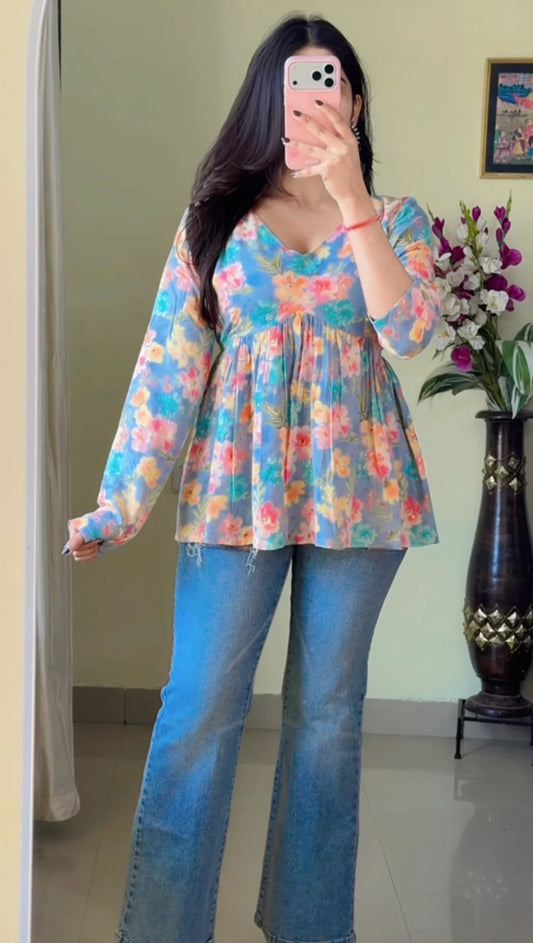 Blue Floral Flared Short Kurti