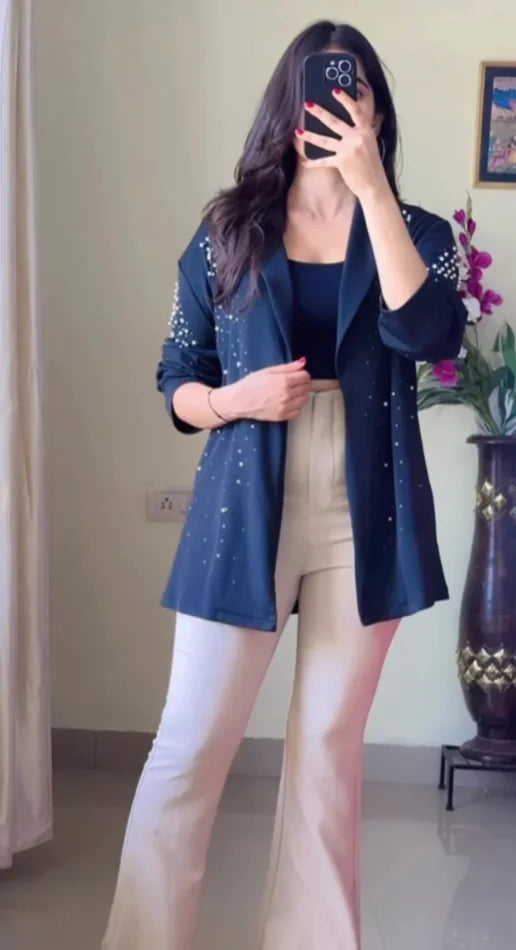 Black Embellished Longline Blazer- B5