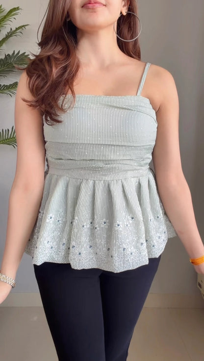 Classy Striped Floral Embroidery Square Neck Top