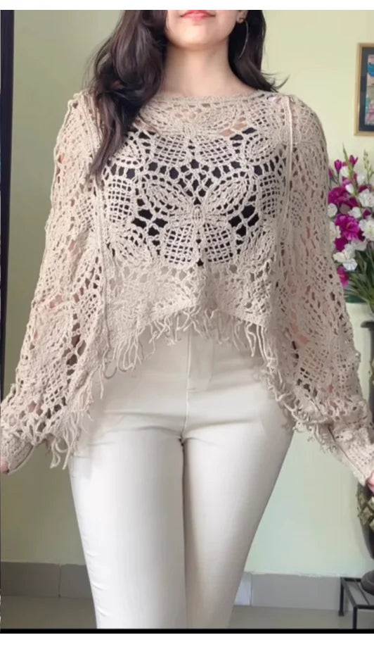 (Free Size) Camel Brown Crochet Poncho(C104)