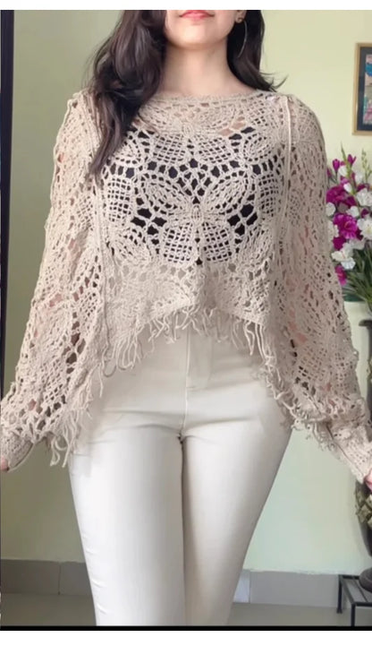 (Free Size) Camel Brown Crochet Poncho(C104)