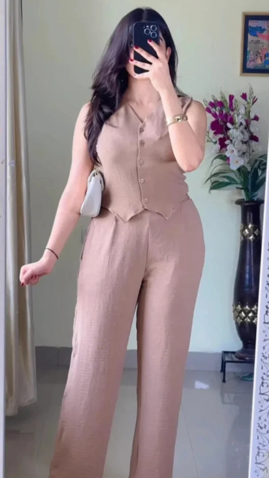 V-Neck Sleeveless Pure Cotton Waistcoat With Trouser-K183