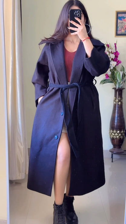 (Size-L ) Black Winter Coat (With Belt) - Wo157