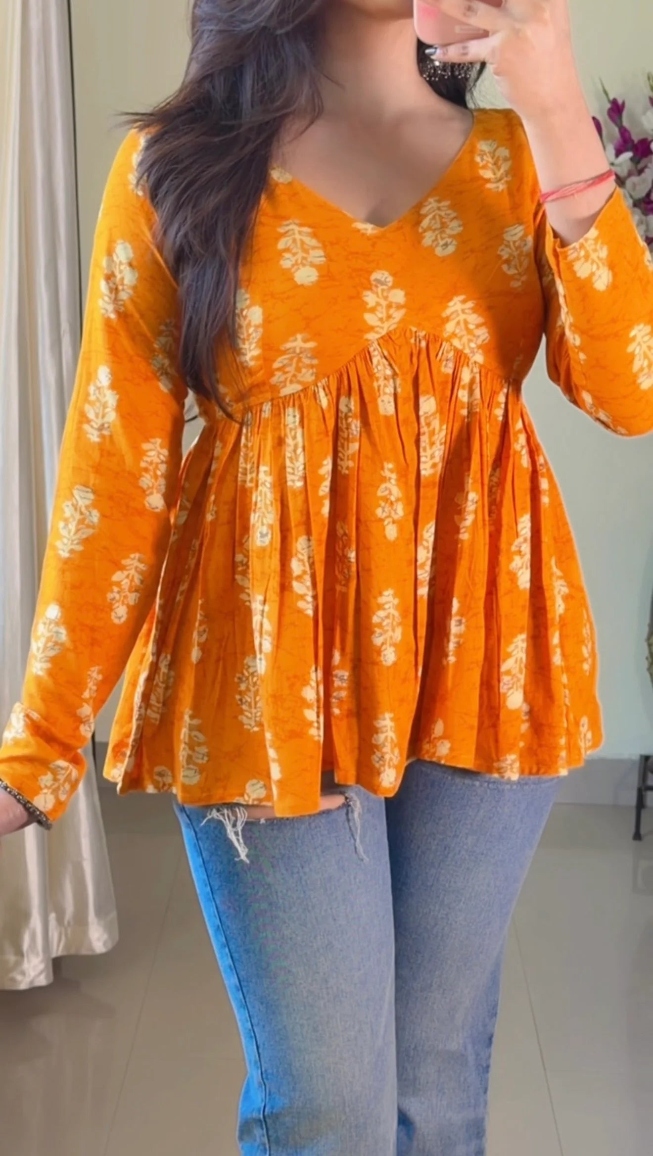 Mustard Yellow Floral Flared Short Kurti