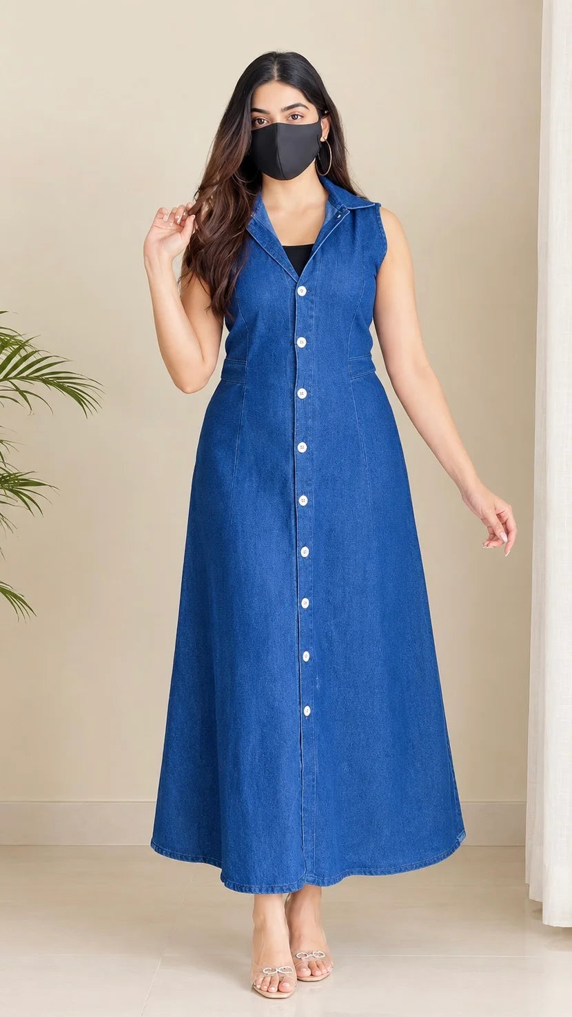 Premium Blue Denim Midi Dress With Attached Belt